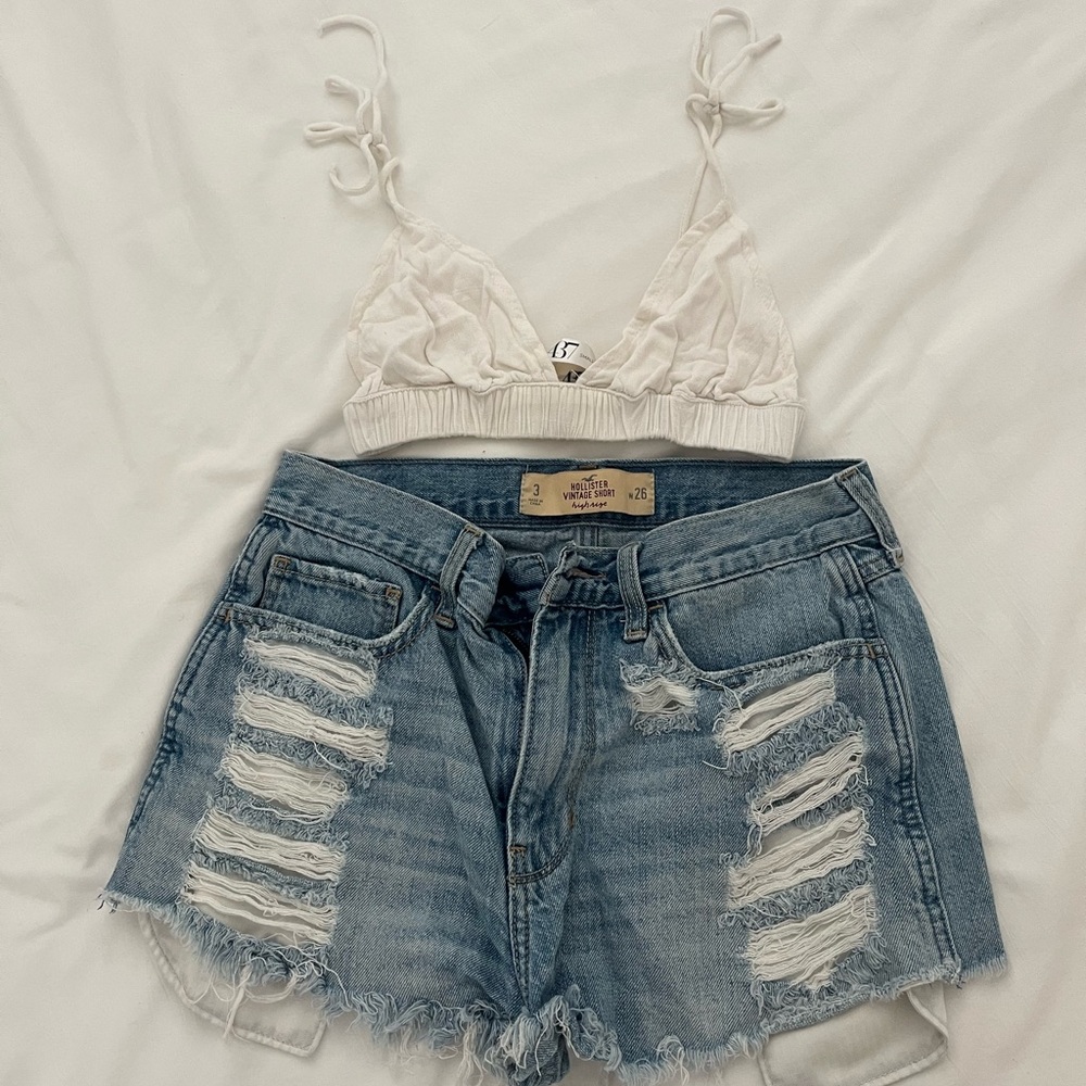 White Bralette and Distressed Denim Shorts set